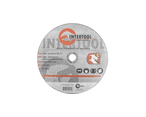 Круг отрезной по металлу Intertool. Максимальная скорость 80 м/с. Максимальное количество оборотов 6600 об/мин. Абразивный материал - оксид алюминия на бакелитовой связке. Применяется для работы с углеродистой сталью. Ди