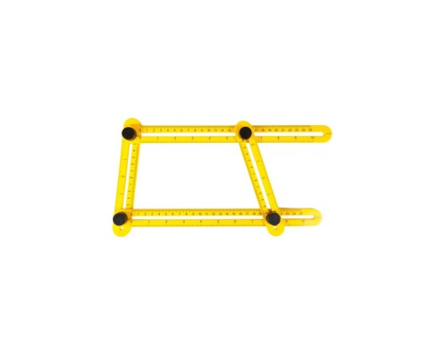 Инструмент для создания сложных форм и фигур рабочей поверхности с дальнейшим переносом на заготовку. Изготовлен из пластика жёлтого цвета и нанесённой разметкой чёрного цвета. Имеет размеры 250х120 мм. Состоит из четырё